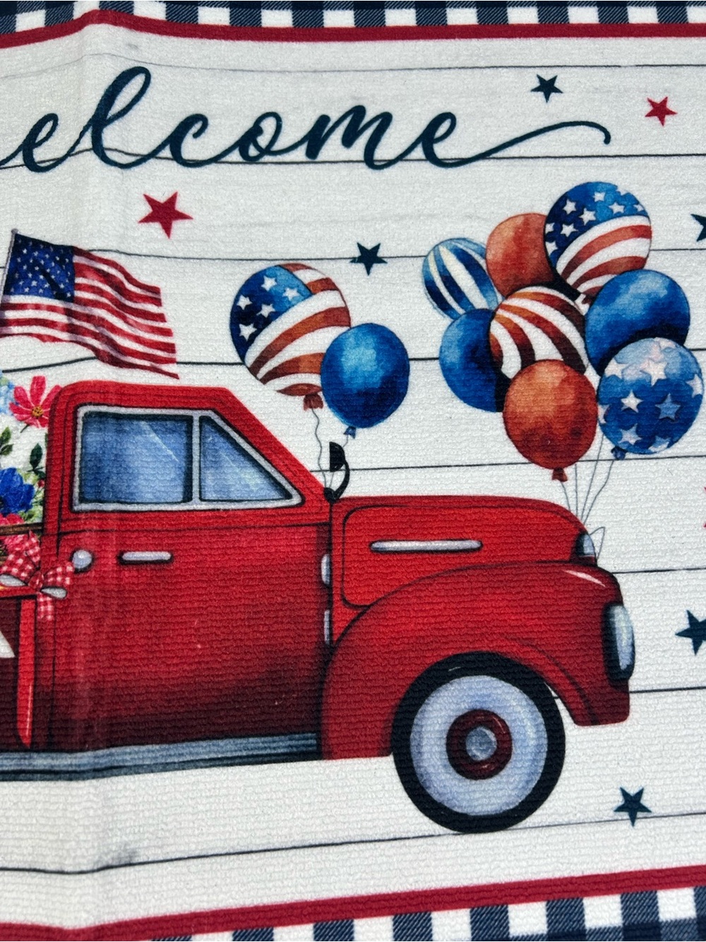 Patriotic Welcome Door Mat 24x16 Red Truck Flags Balloons 4th of July New - Picture 4 of 5